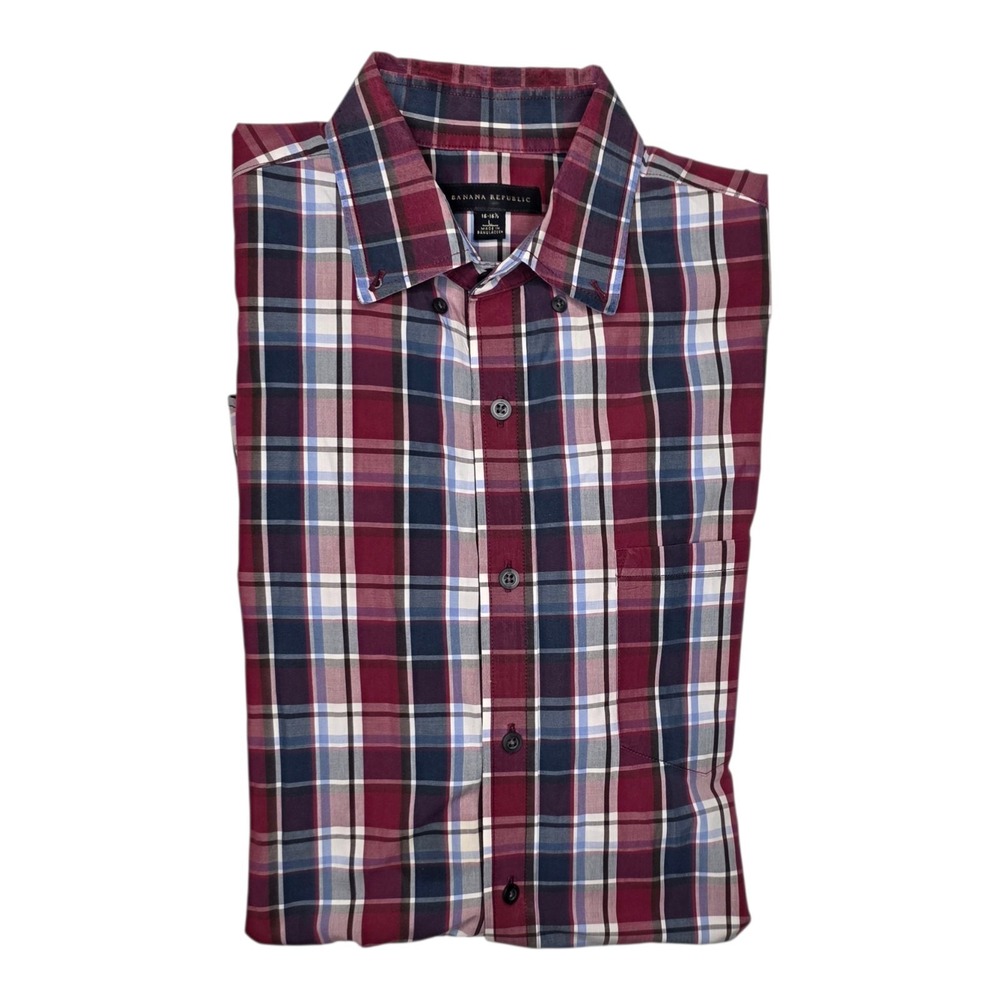 Banana Republic Linen Shirt Mens Large Red Plaid Button Up made in Bangladesh‎